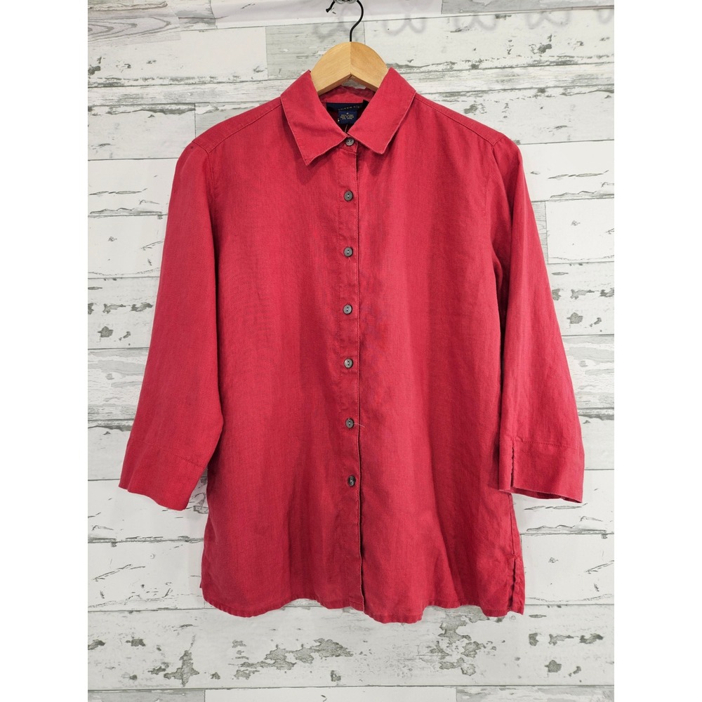 Charter Club Red 100% Linen Button Down Shirt 3/4 Sleeve Women Size 4